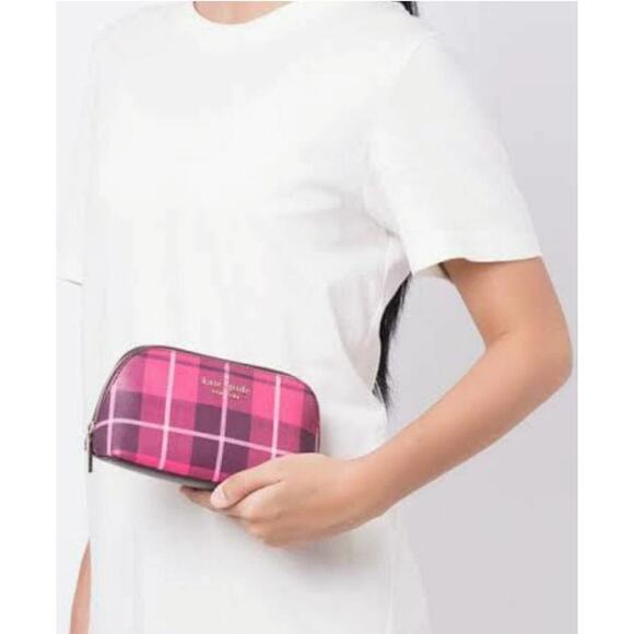 KATE SPADE PLAID COSMETIC CASE "STACI" IN BRIGHT ROSE RED AND BLACK NEW! - Picture 4 of 5
